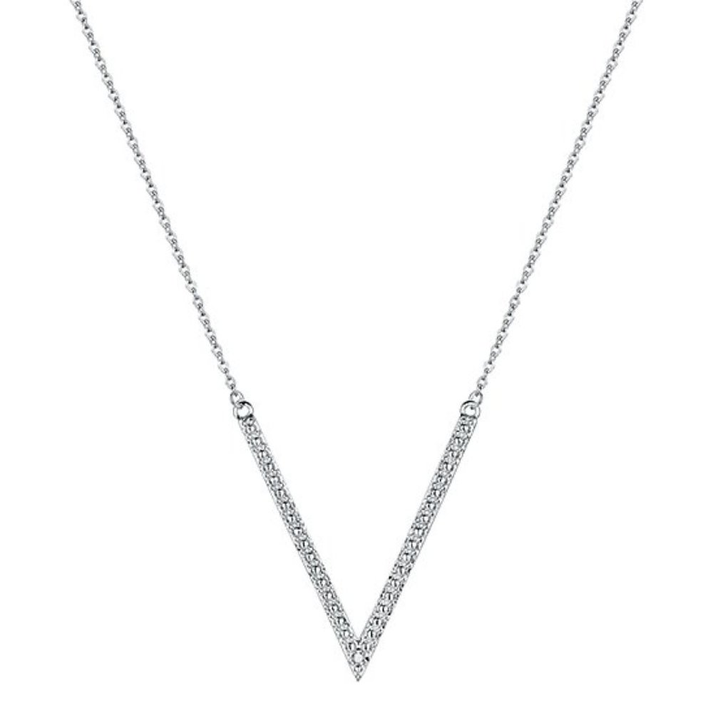 Diamond & Silvertone Chevron Pendant Necklace